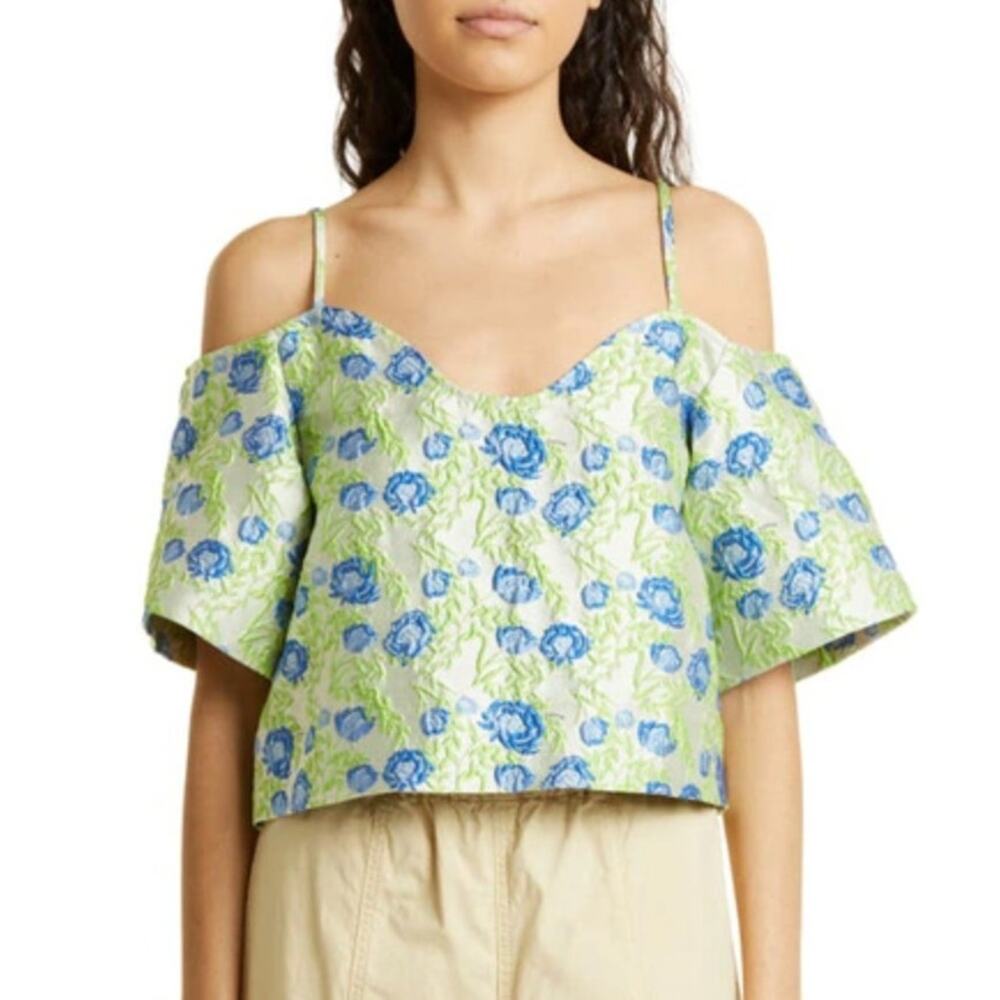NEW Ganni Floral Jacquard Off The Shoulder Blouse in Green
